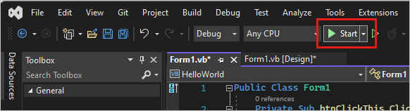 Captura de tela mostra o botão Iniciar que executa seu aplicativo.