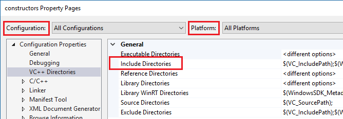 Captura de ecrã que mostra a definição Incluir Diretórios na secção de Propriedades de Configuração.