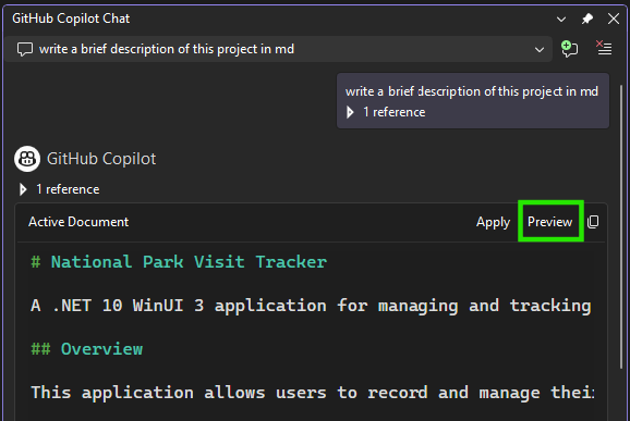 Captura de ecrã do botão Pré-visualização na janela do Copilot Chat para conteúdo Markdown.