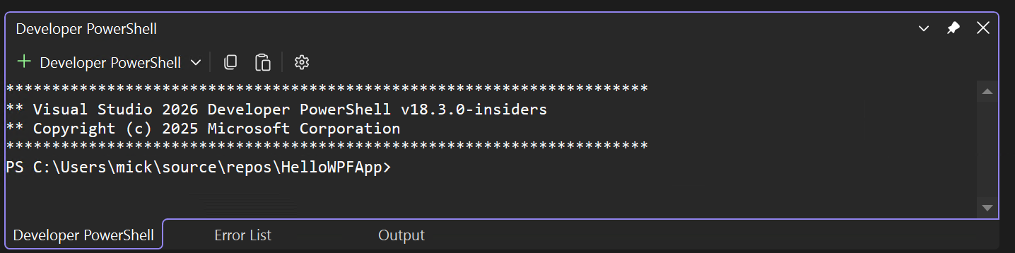 Captura de tela do painel de terminal do Visual Studio que mostra várias guias.