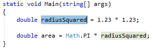 Captura de ecrã do código destacado para variável temporária inline - C#.