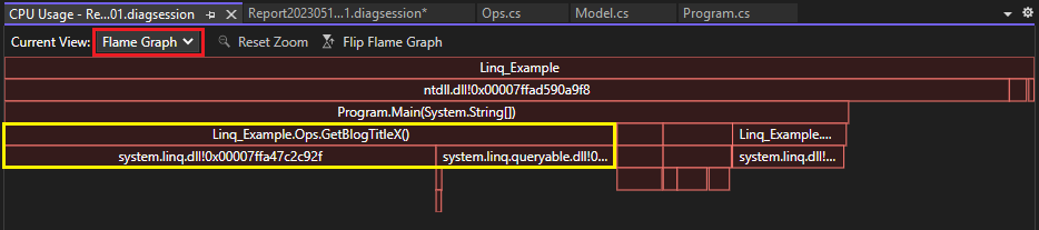 Captura de ecrã da vista do Gráfico de Chama na ferramenta Utilização da CPU.