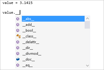 Captura de tela que mostra os tipos de conclusão de membros privados dunder no editor do Visual Studio.