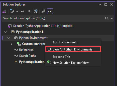Captura de tela que mostra como abrir a janela Python Environments com o botão direito do mouse no Visual Studio.