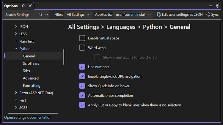 Captura de ecrã que mostra as categorias de opções de linguagem para Python e opções gerais específicas no Visual Studio 2026.