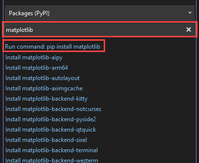 Captura de tela que mostra como instalar a biblioteca matplotlib para o ambiente selecionado na janela Ambientes Python no Visual Studio.