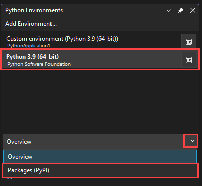 Captura de tela que mostra como selecionar a opção Pacotes PyPI para o ambiente selecionado para ver os pacotes instalados.