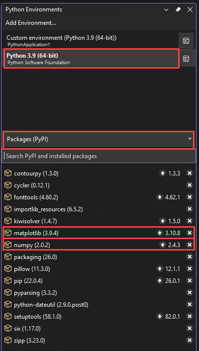 Captura de tela que mostra os pacotes matplotlib e numpy recém-instalados para o ambiente selecionado na janela Ambientes Python no Visual Studio.