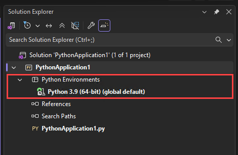 Captura de tela que mostra o nó Ambientes Python no Gerenciador de Soluções no Visual Studio.