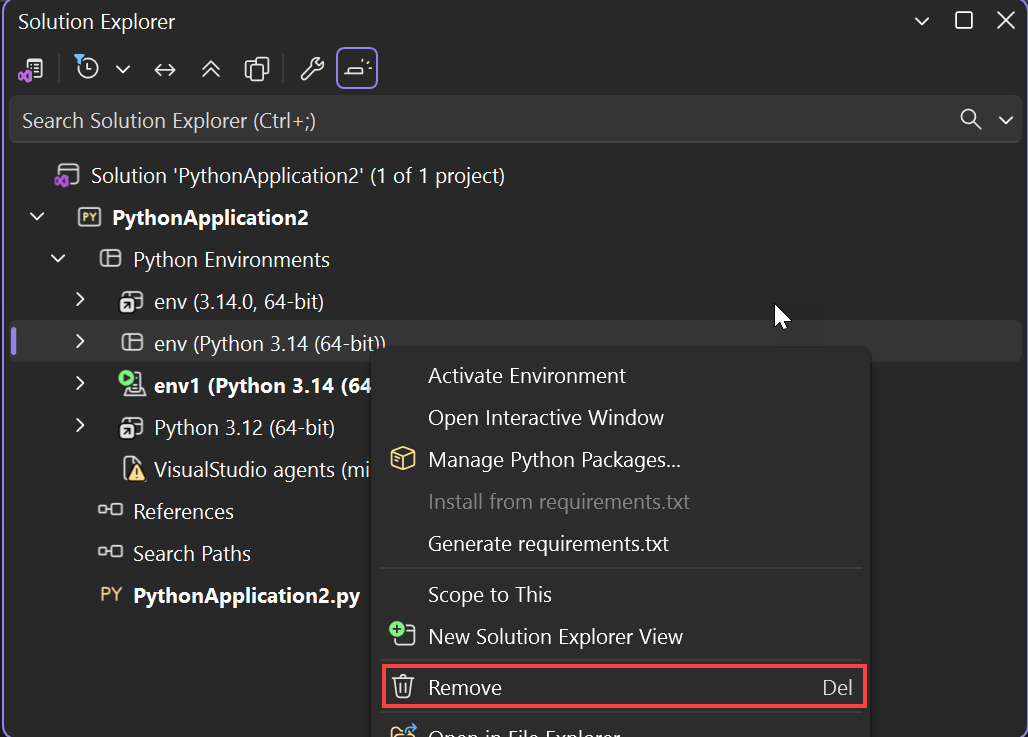 Captura de tela que mostra como remover um ambiente Python.