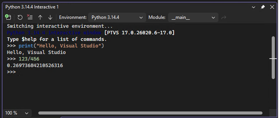 Captura de tela que mostra como a janela interativa exibe resultados imediatos para o código que você insere no Visual Studio.