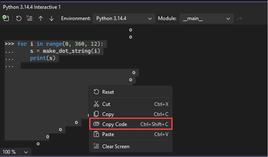 Captura de ecrã que mostra o comando de cópia de código da Janela Interativa numa seleção que inclui prompts e output no Visual Studio.