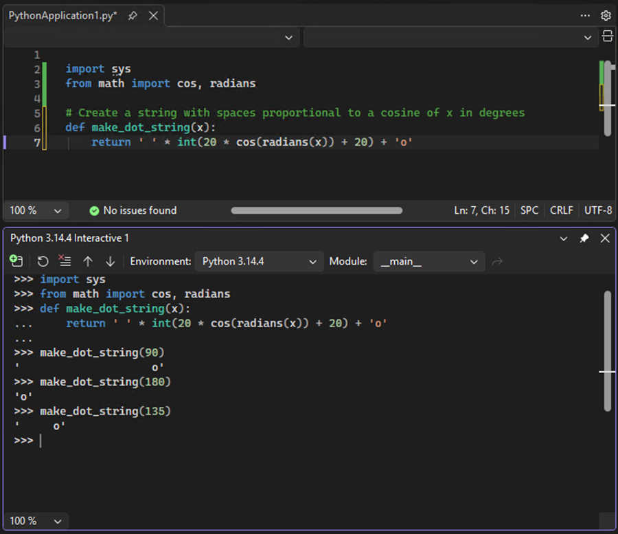 Captura de tela que mostra como executar um teste do código de função enviado para a janela interativa no Visual Studio.