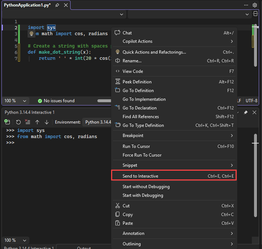 Captura de tela que mostra como enviar código para as instruções import e from para a janela interativa no Visual Studio.