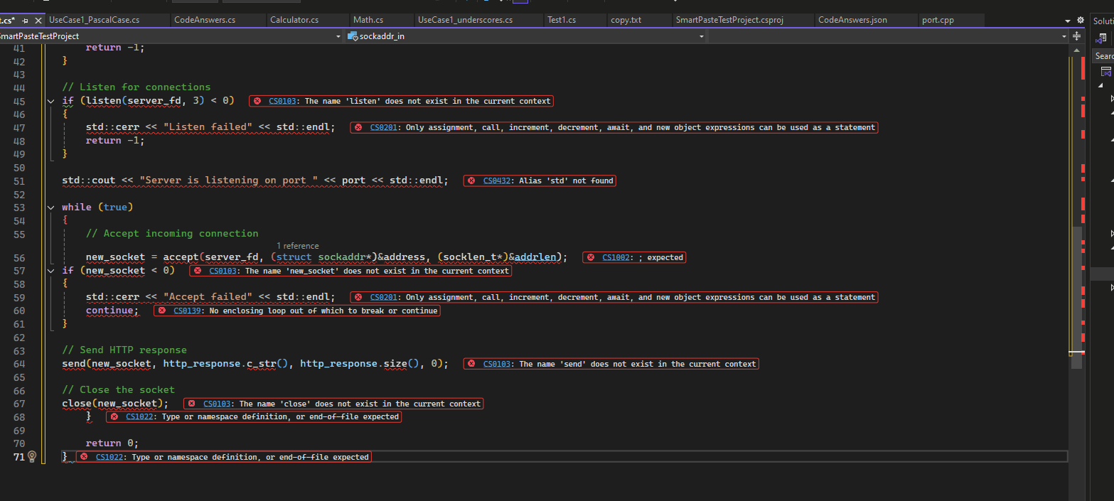 Vídeo mostrando a colagem adaptativa traduzindo código C++ para C# durante a operação de colagem