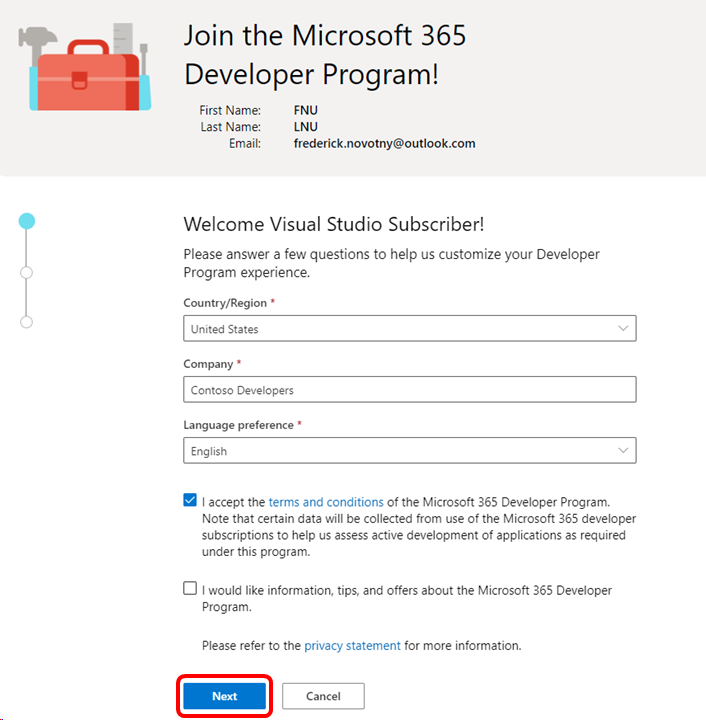 Ecrã de boas-vindas do Microsoft 365 Developer