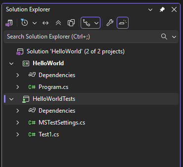 Captura de ecrã que mostra um projeto de teste unitário em Explorador de Soluções.