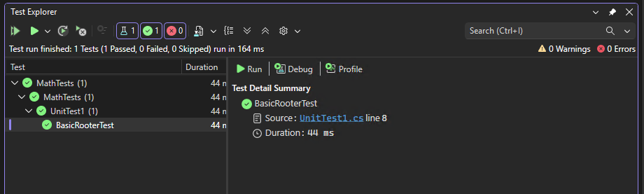 Captura de ecrã do Explorador de Testes a mostrar uma aprovação no teste.