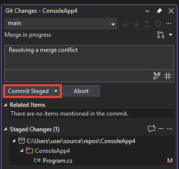 Captura de ecrã que mostra como criar um commit de fusão usando a janela Git Changes.