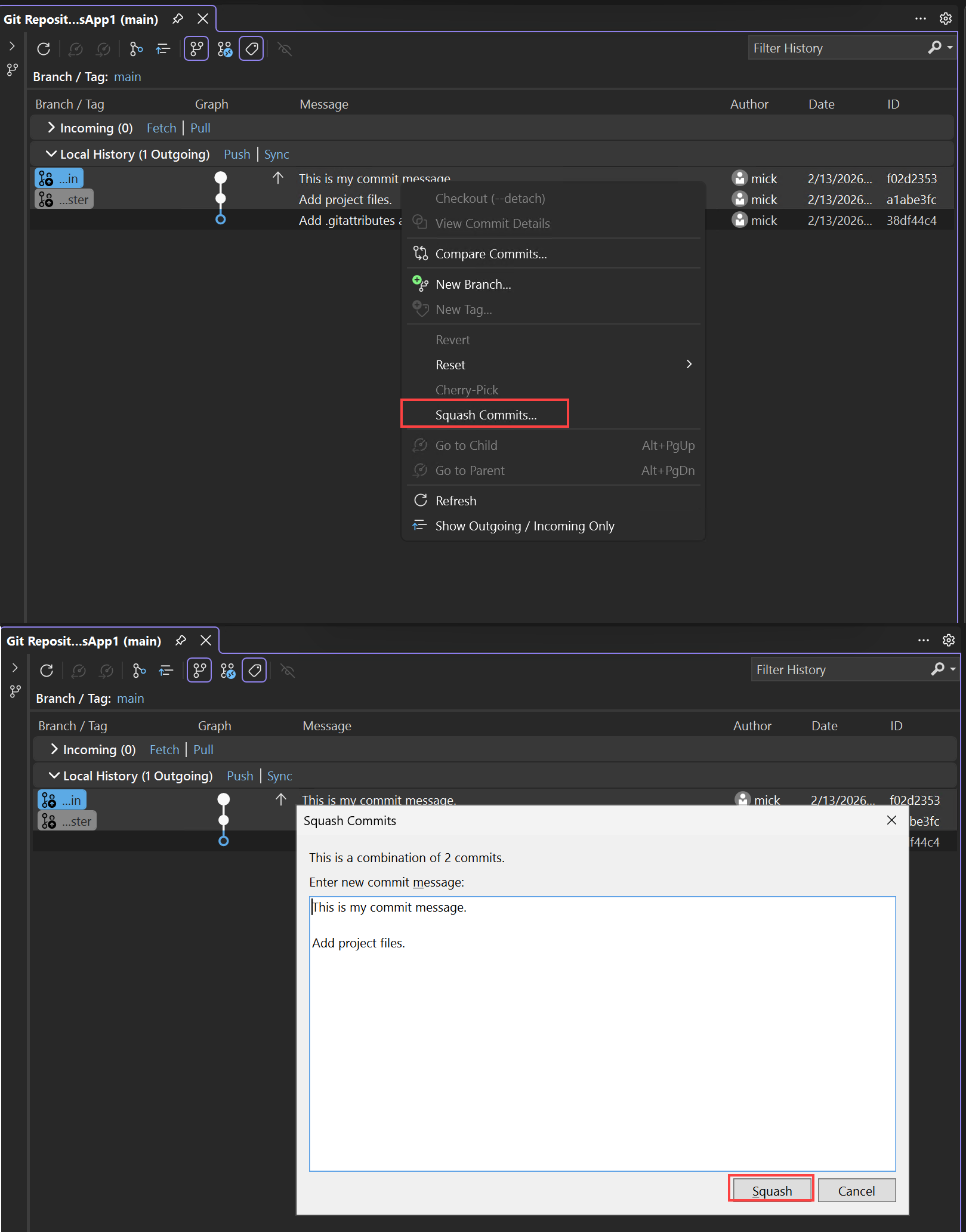 Captura de ecrã de squash de commits no Visual Studio.