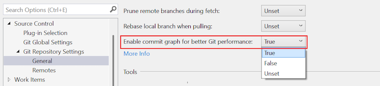 Captura de ecrã que mostra a opção 'Ativar grafo de commit para melhor desempenho Git' para um repositório local.