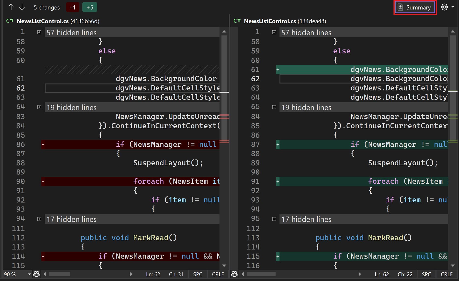 A nova janela de Pull Request com o texto do botão de resumo realçado no Visual Studio 2022.