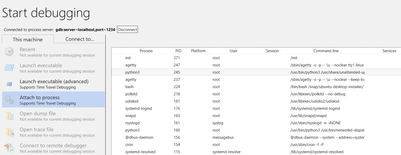 captura de ecrã da interface de arranque do WinDbg que mostra o processo de anexação com 20 ou mais processos listados.
