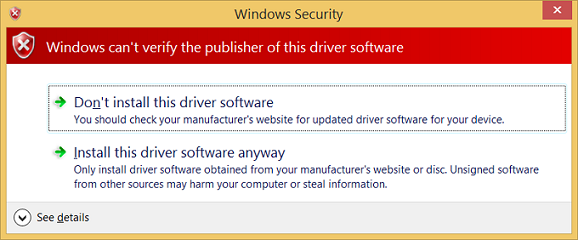 Captura de ecrã do aviso de Segurança do Windows que indica que o Windows não consegue verificar o editor do software de controlador.