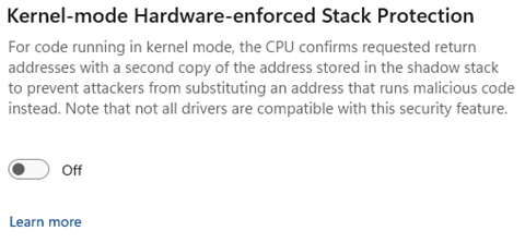 Imagem do botão para ativar ou desativar a Proteção de Pilha imposta por hardware no modo Kernel.