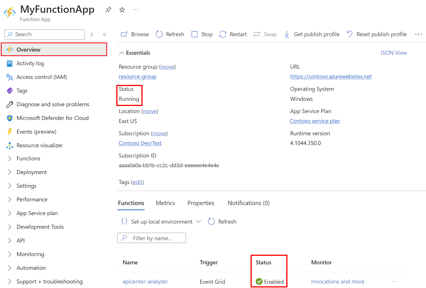 Azure 门户中函数应用的截图，显示“正在运行”状态和“已启用”函数。