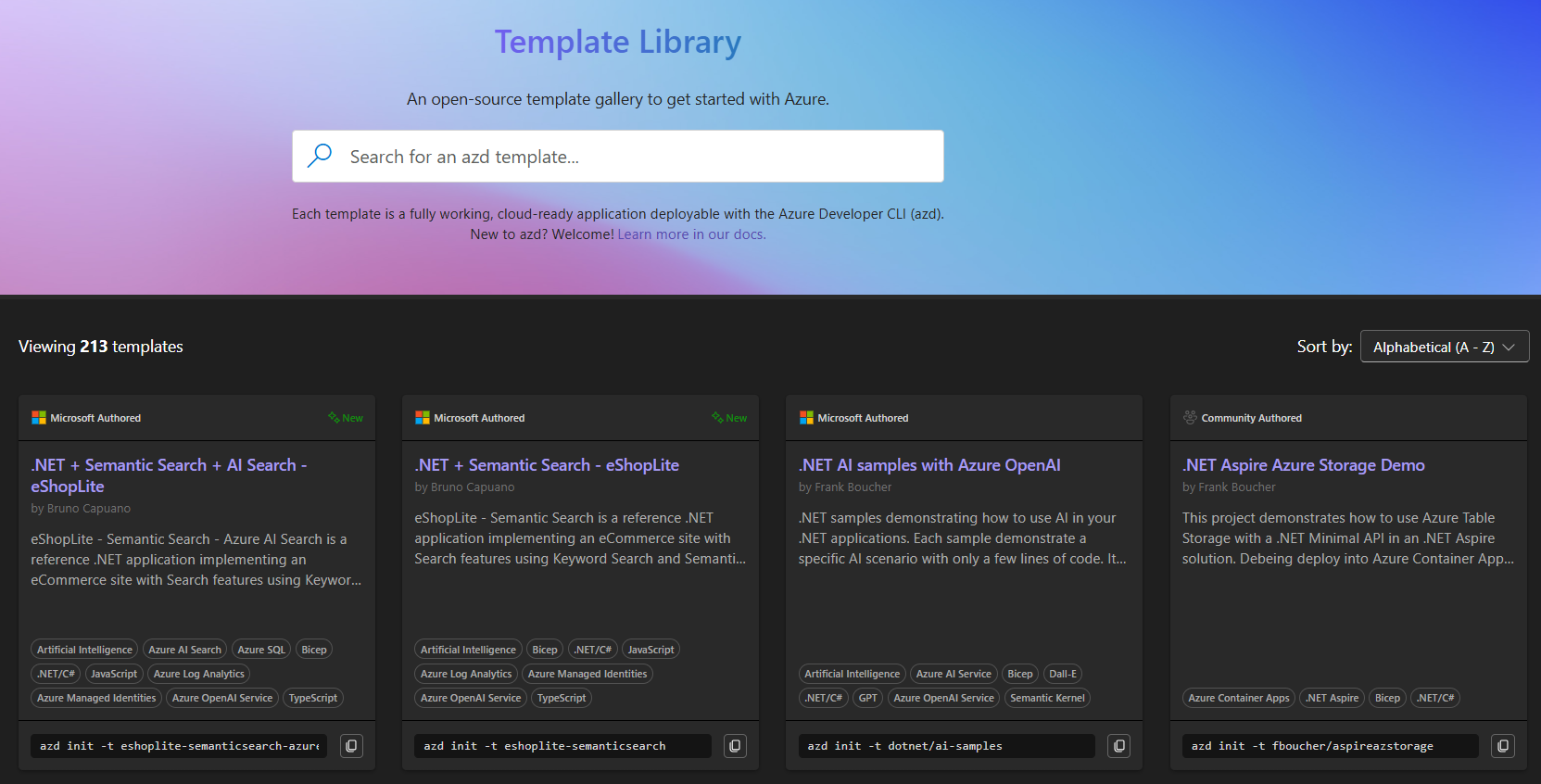 一张显示 Awesome AZD 模板画廊主页的屏幕截图。