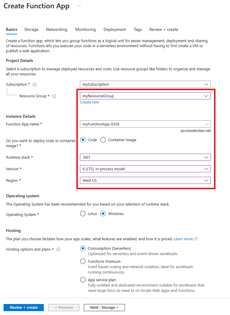 显示 Azure 门户中的“创建函数应用”页的屏幕截图。