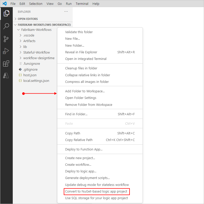屏幕截图显示“资源管理器”窗格，其中包含从项目中的空白区域打开的项目快捷菜单。
