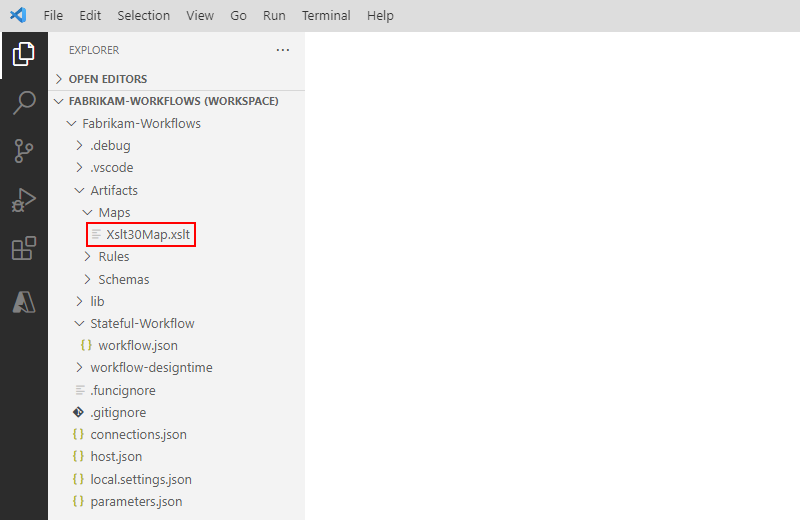 屏幕截图显示了 Visual Studio Code 项目结构，其中展开了“Artifacts”和“Maps”文件夹。