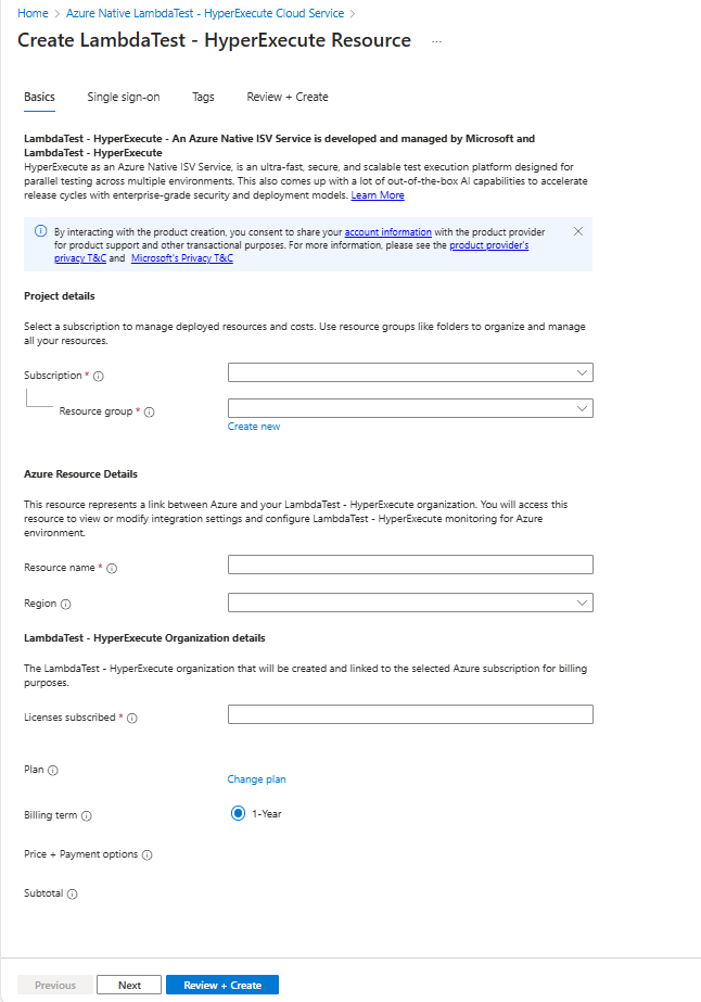 Azure 门户工作窗格中的“创建 LambdaTest - HyperExecute 资源”选项的屏幕截图，其中显示了“基本信息”选项卡。