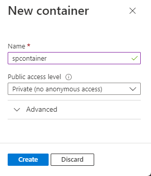 屏幕截图展示了 Blob 容器创建页面。
