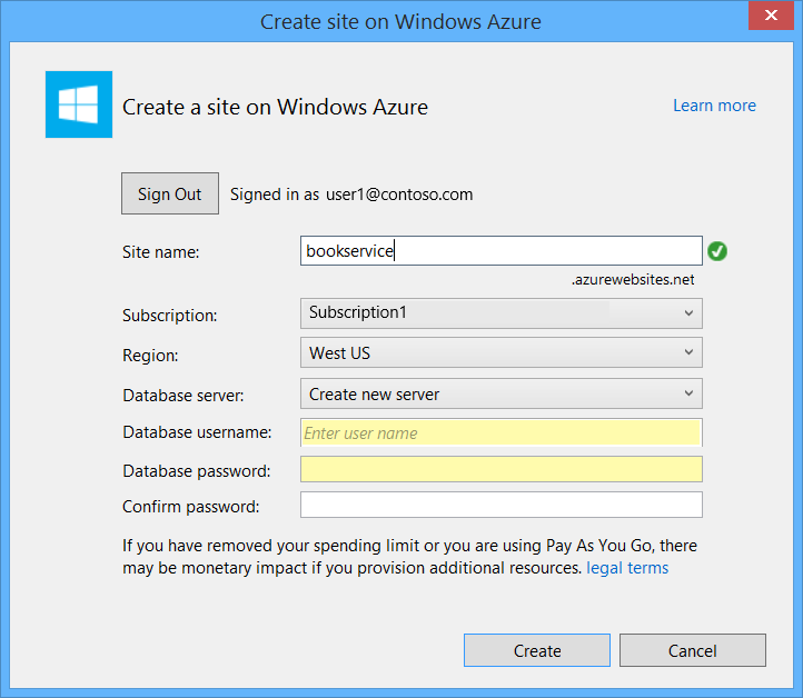 Windows Azure 上的“创建站点”对话框的屏幕截图，其中“数据库用户名”和“数据库密码”字段以黄色突出显示。