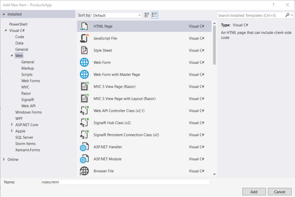 “添加新项”菜单选项的屏幕截图，其中显示了 Web 选择及其中可用的选项。