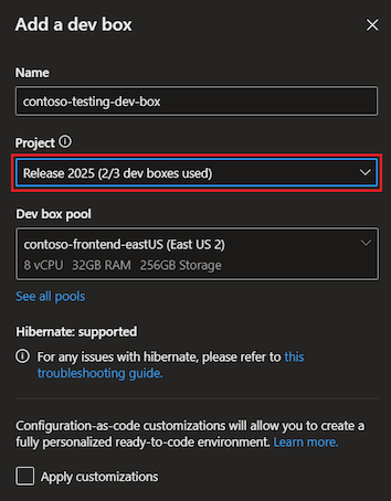 显示开发人员门户“添加新的开发框”窗格的屏幕截图，其中选择了项目、所使用的开发框数和开发框总数。