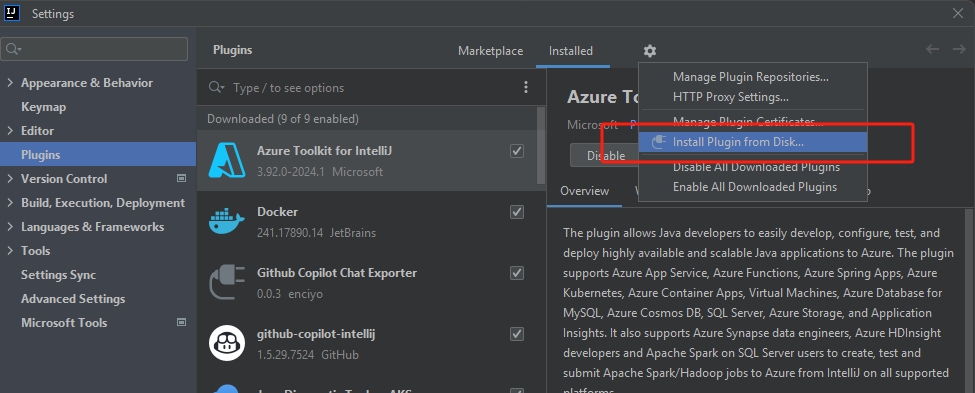 IntelliJ IDEA 设置页面的屏幕截图,其中选择了 Azure Toolkit for IntelliJ 插件,并突出显示了“从磁盘安装插件”菜单项。