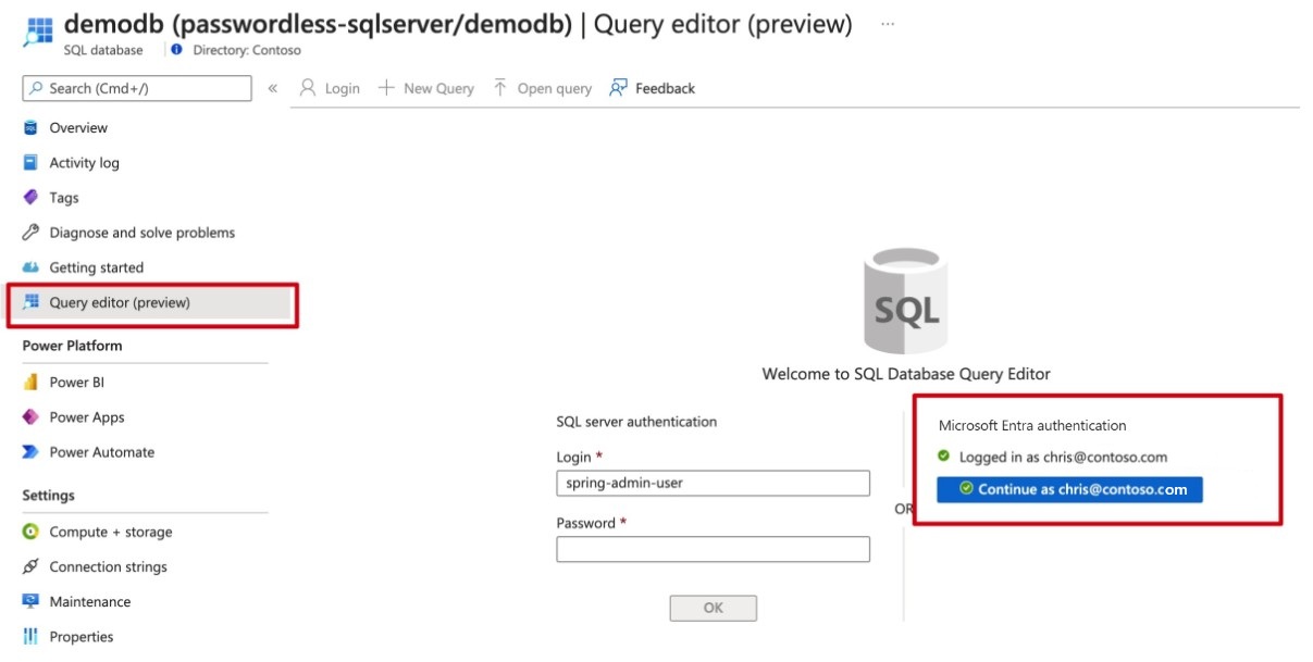 Azure 门户的屏幕截图，其中显示了 SQL 数据库查询编辑器。