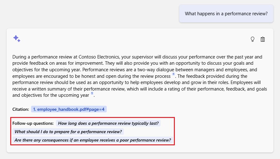 关于聊天应用如何在回答后提供建议后续问题的屏幕截图。