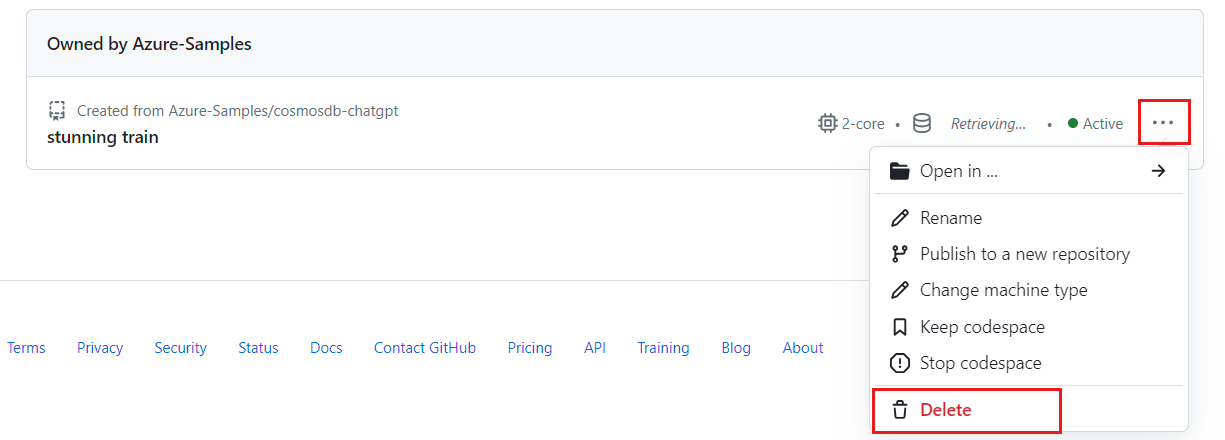 单个代码空间的上下文菜单的屏幕截图，其中突出显示了“删除”选项。