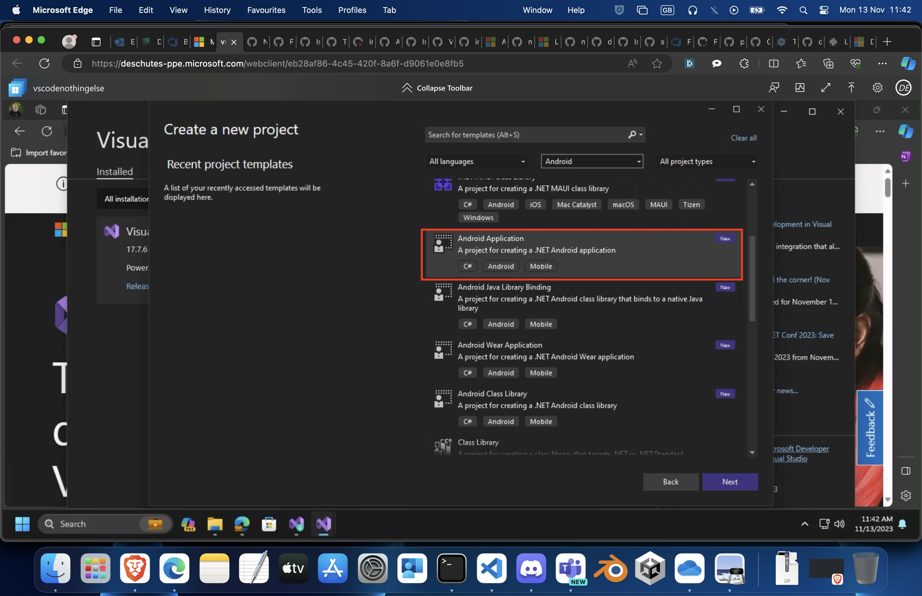 选择 Android 应用程序模板