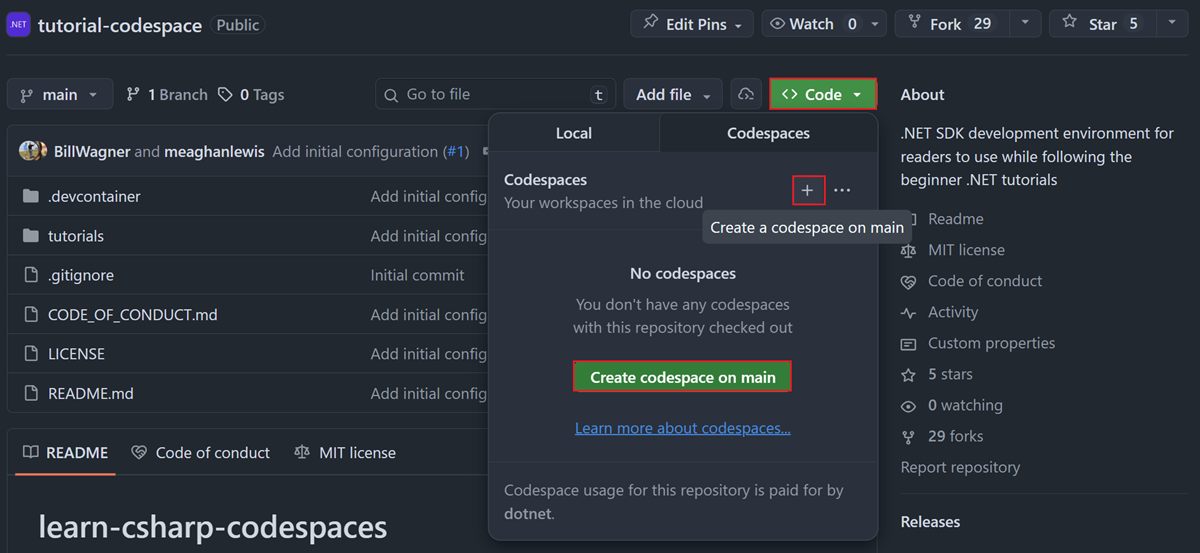 从教程存储库创建新的 Codespace
