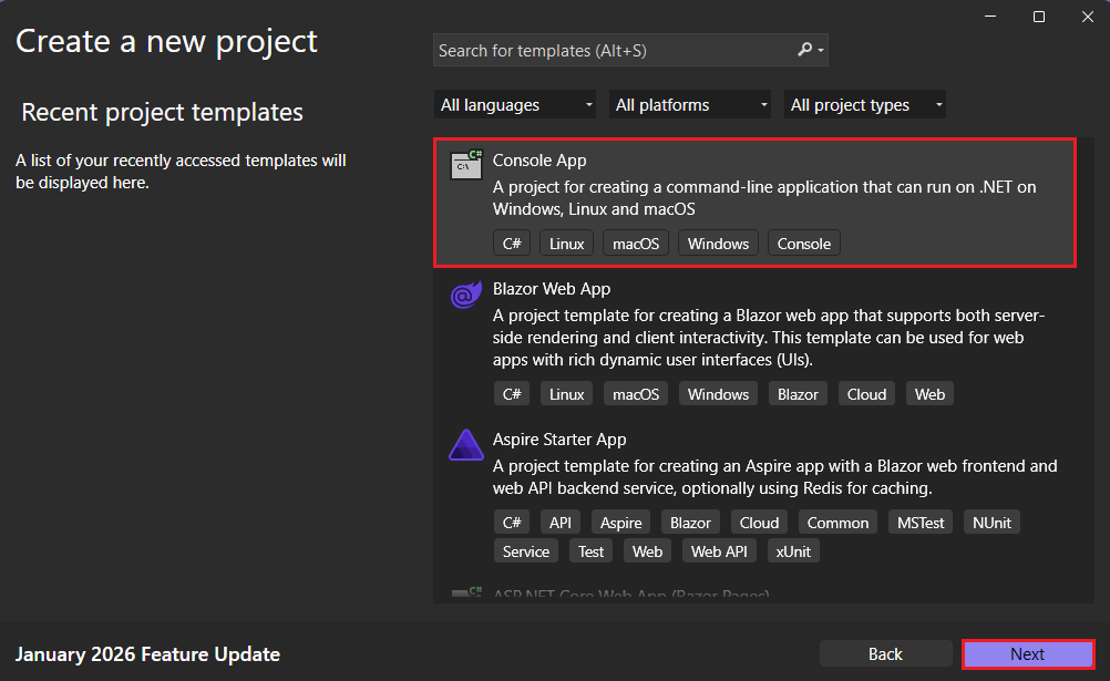使用所选筛选器创建新项目窗口