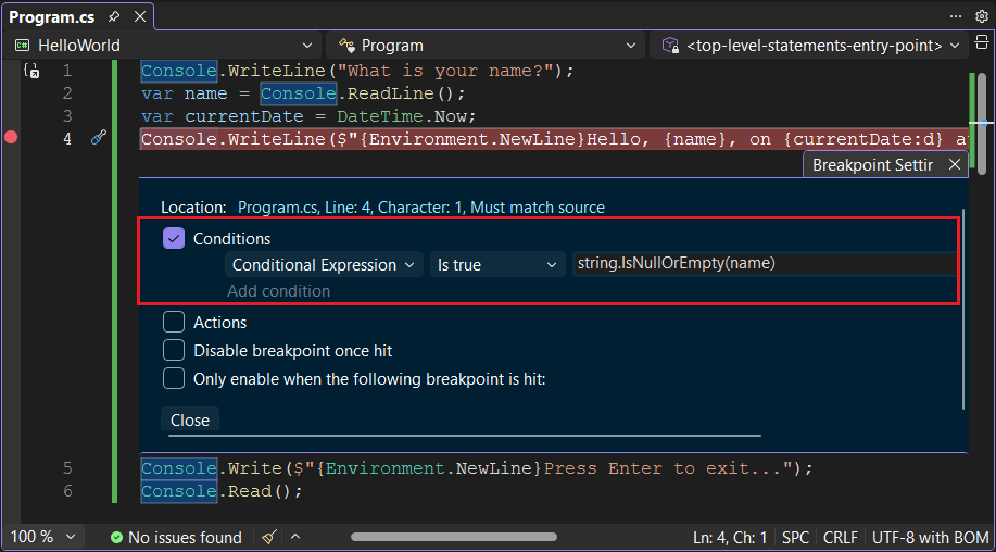 显示断点设置面板的编辑器 - C#