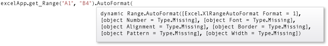屏幕截图显示了 IntelliSense 的 AutoFormat 方法快速信息。