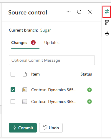 源代码控制面板的截图，显示更改项的状态。