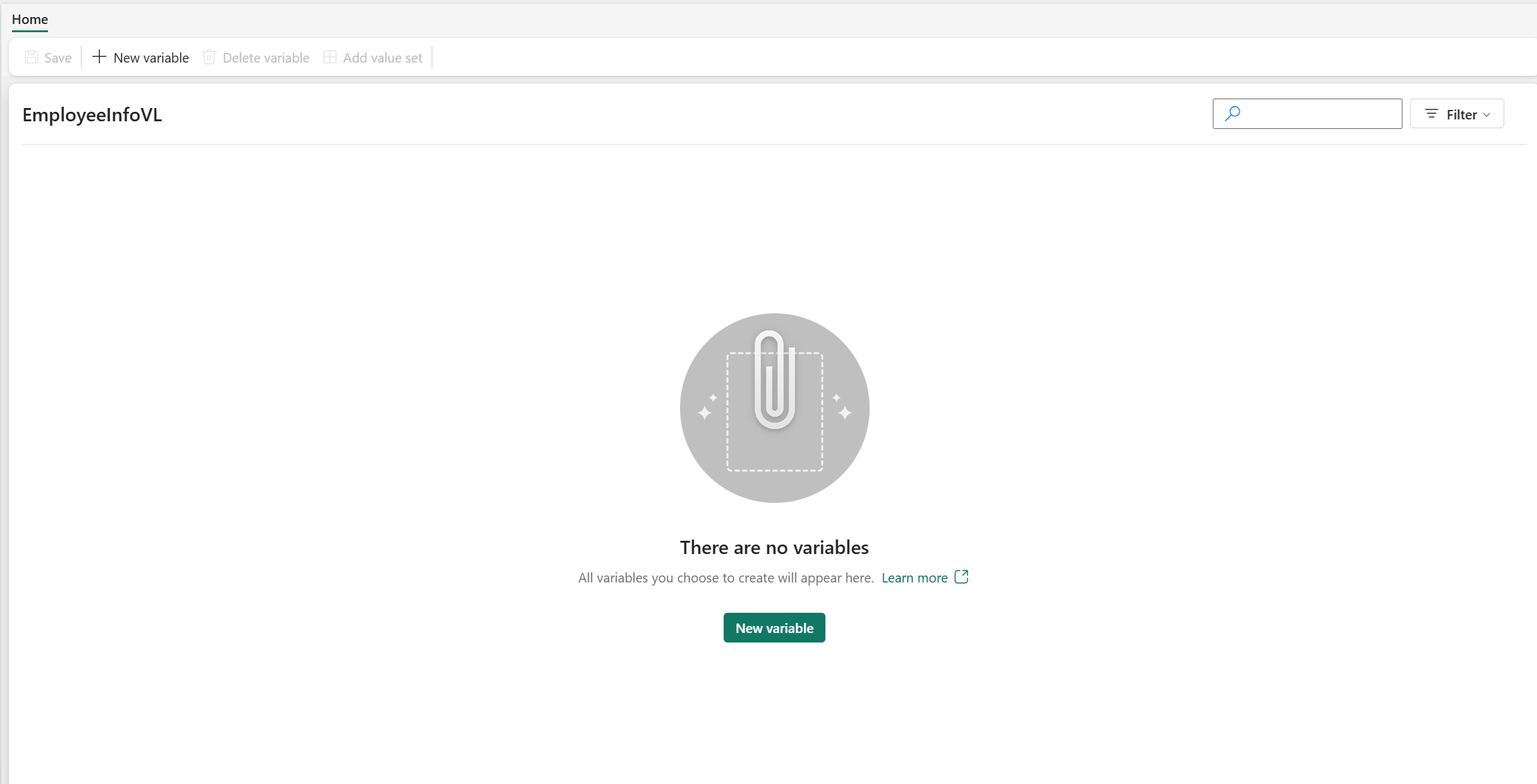 空变量库的屏幕截图，其中包含新变量的按钮。